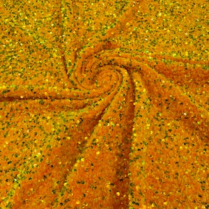 Yellow Green Iridescent 5mm sequins on a Orange stretch velvet 2-way stretch/ Costume Fabric/Apparel.