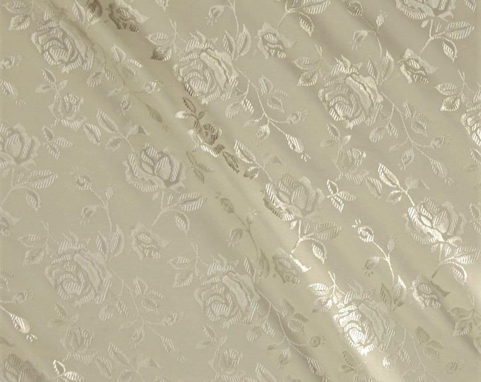 Ivory 60" Wide Polyester Flower Brocade Jacquard Satin Fabric, Sold By The Yard.