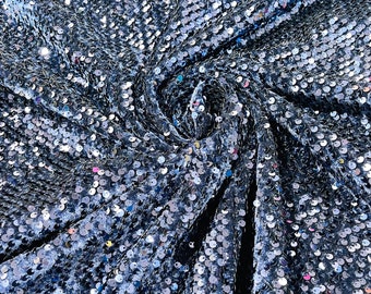 Navy Blue Shiny sequins on a stretch velvet fabric-Prom-Nightgown-sold by the yard.