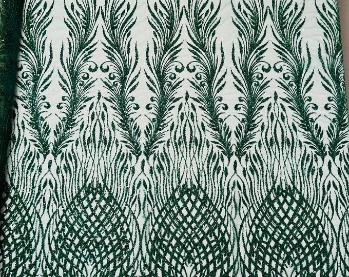 Hunter Green feathers damask embroider and heavy beaded on a mesh lace fabric-sold by the yard-