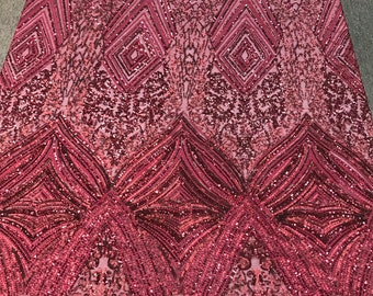 Burgundy sequin diamond design embroidery on a 4 way stretch mesh-dresses-fashion-prom-nightgown-sold by the yard-free shipping.