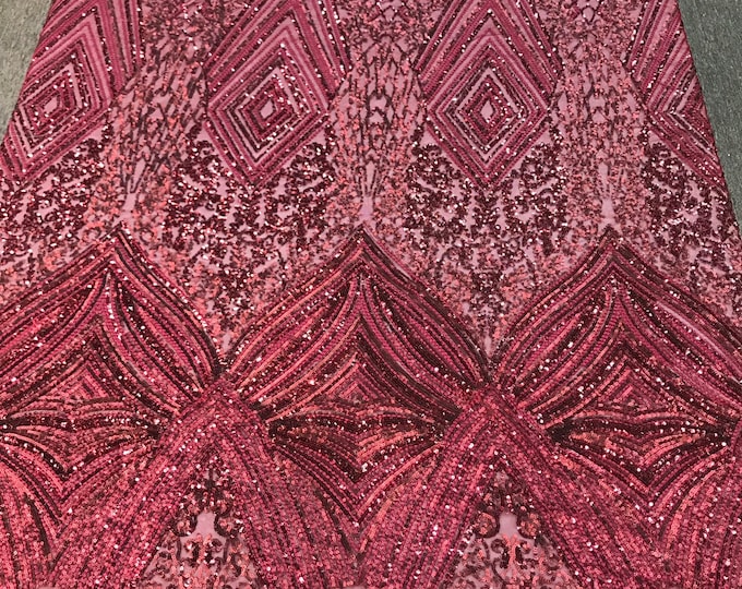 Burgundy sequin diamond design embroidery on a 4 way stretch mesh-dresses-fashion-prom-nightgown-sold by the yard-free shipping.