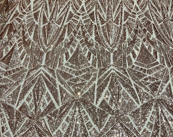 Rose Gold Geometric shiny sequin design on a 4 way stretch mesh-sold by the yard.