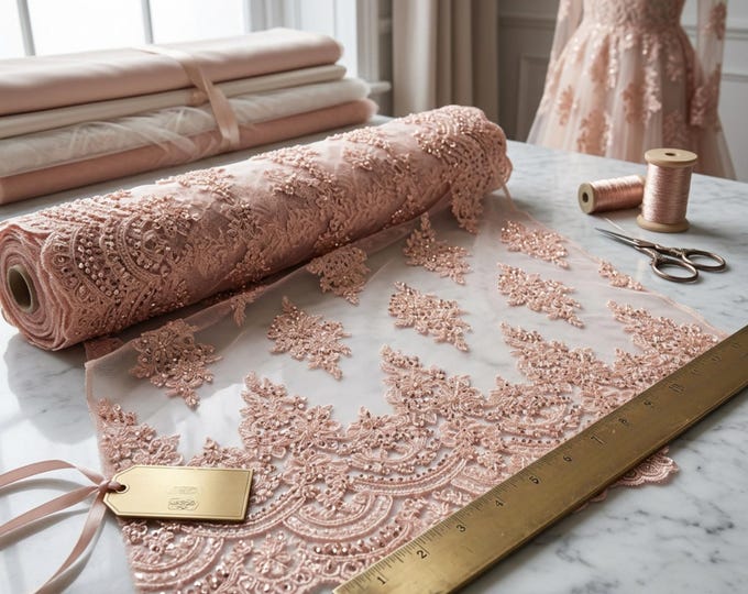 Blush Pink Beaded Lace Fabric by the Yard, Luxury Floral Embroidered Mesh Lace, Bridal Wedding Dress Fabric, Sequins Prom Gown Material