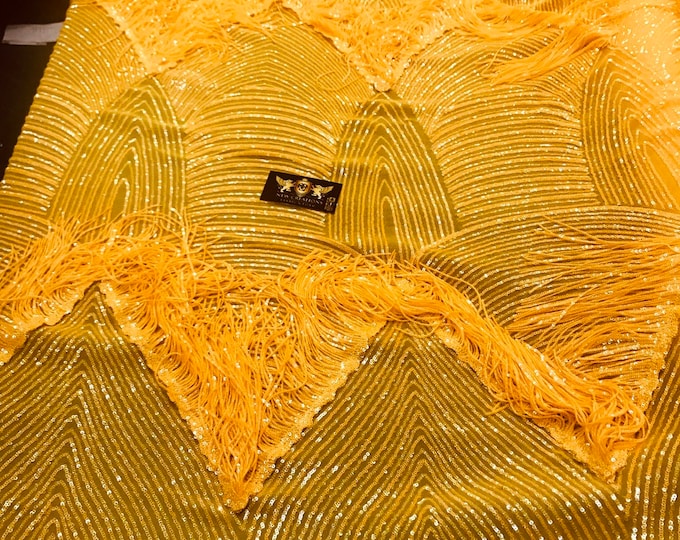 NEW!!!Dark yellow iridescent fringe sequins design on a 4 way stretch mesh fabric-prom-nightgown-sold by the yard-free shipping in the USA.