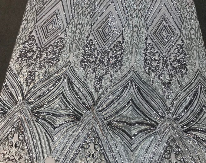 Gray sequin diamond design embroidery on a 4 way stretch mesh-dresses-fashion-prom-nightgown-sold by the yard-free shipping.