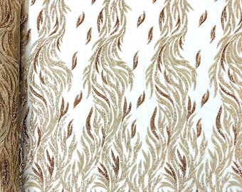 Rose gold feathers embroider and heavy beaded on a mesh lace fabric-sold by the yard-