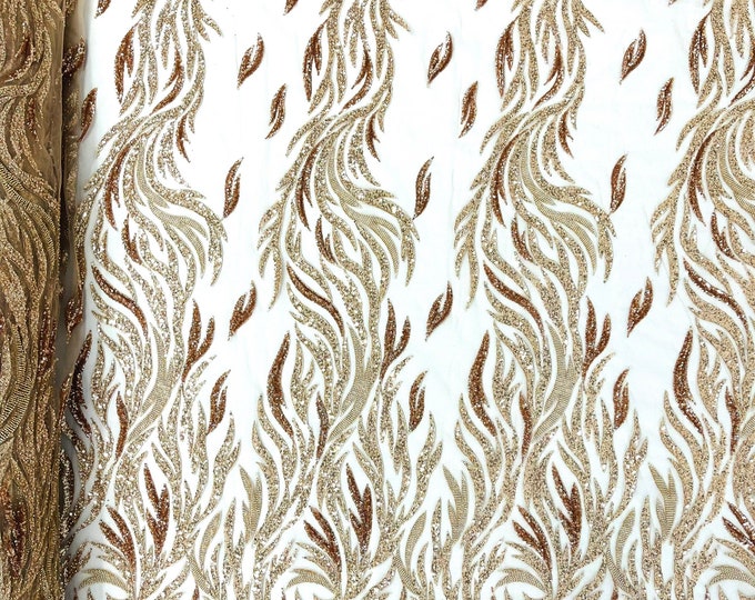 Rose gold feathers embroider and heavy beaded on a mesh lace fabric-sold by the yard-