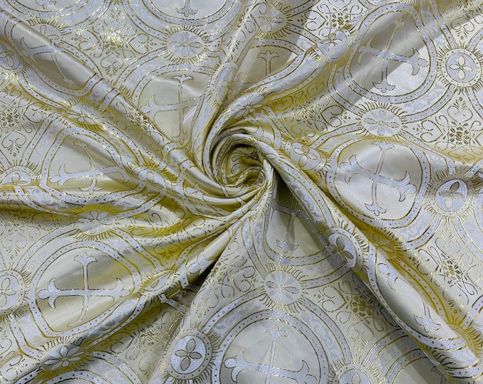 Beige/Gold Metallic Cross Brocade Jacquard Satin/Religious Brocade/58 Inches Wide/Liturgical Fabric/Church/Vestment