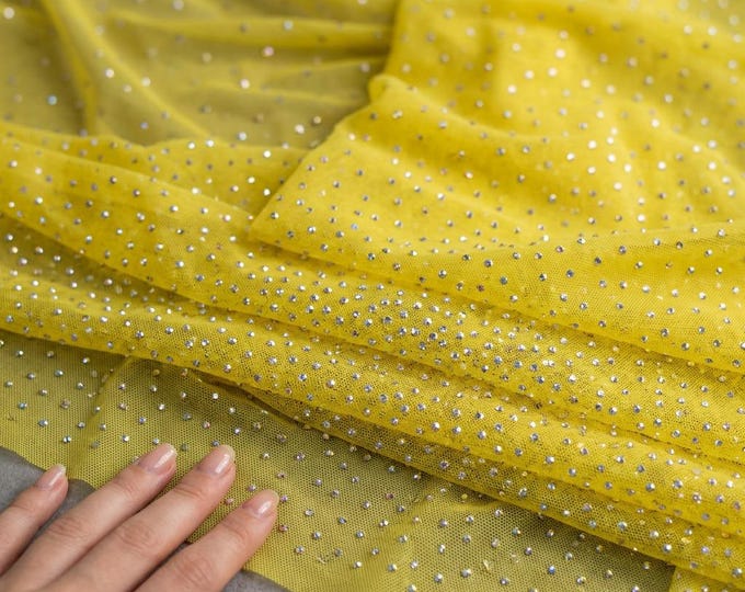 Yellow Rhinestone Mesh Fabric | Sheer Stretch Power Mesh with AB Crystals | Sparkle Fabric for Dress, Dancewear & Decor