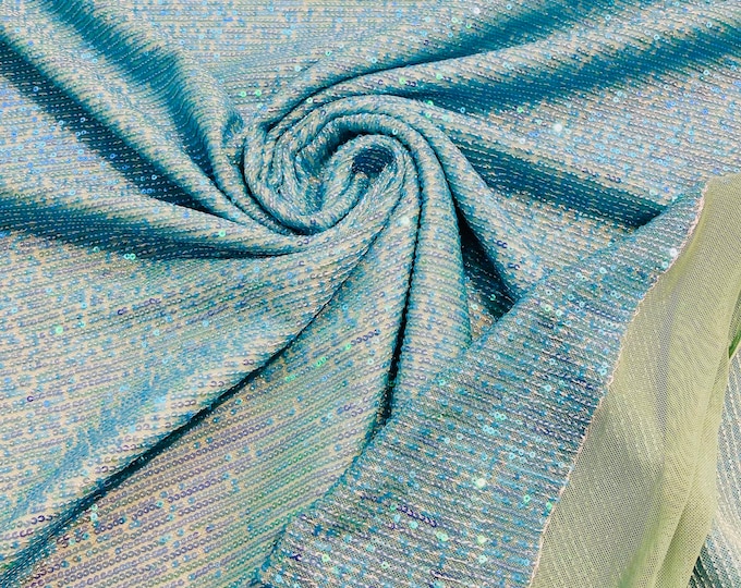 Turquoise Iridescent chain shiny sequins design on a 4 way stretch mesh fabric -prom-sold by the yard.