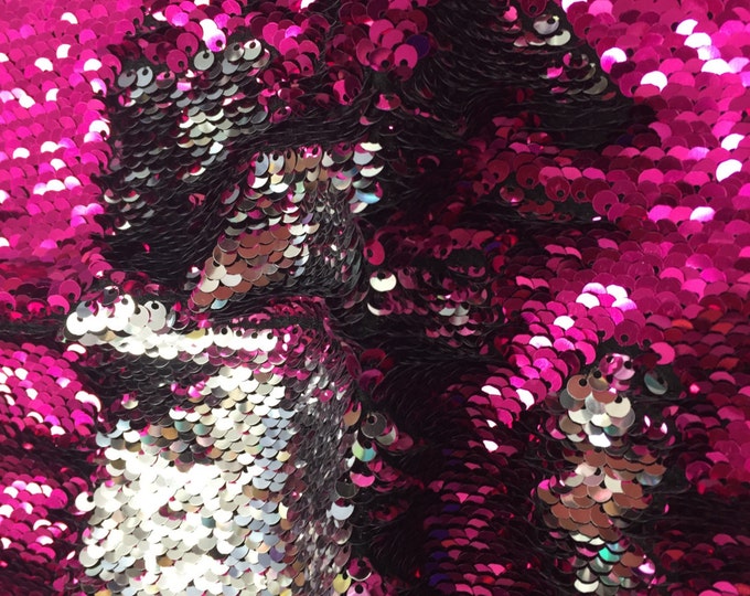 Fuchsia / silver hologram mermaid fish scales 2 way stretch lycra 2 tone flip flop sequins-prom-nightgown-decorations-sold by yard