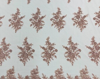 Dusty Rose floral corded embroider with sequins on a mesh lace fabric-prom-sold by the yard.