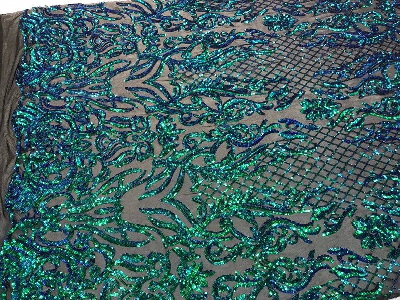 IRIDESCENT GREEN SEQUINDAMASK DESIGN EMBROIDERY ON A 4 WAY STRETCH MESH-BY YARD