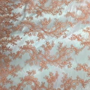 Coral corded french design-embroider with sequins on a mesh lace fabric-prom-nightgown-decorations-sold by the yard-