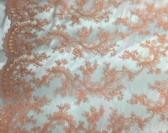 Coral corded french design-embroider with sequins on a mesh lace fabric-prom-nightgown-decorations-sold by the yard-