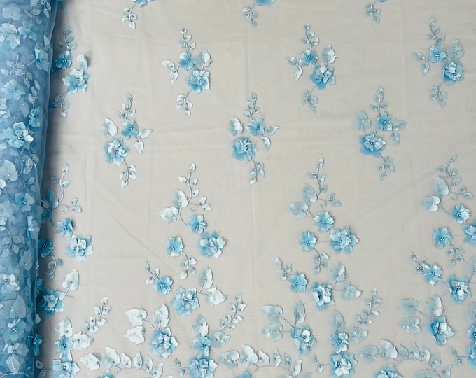 Light Blue Ruby 3d floral design embroider with pearls in a mesh lace-dresses-fashion-decorations-prom-nightgown-sold by the yard.