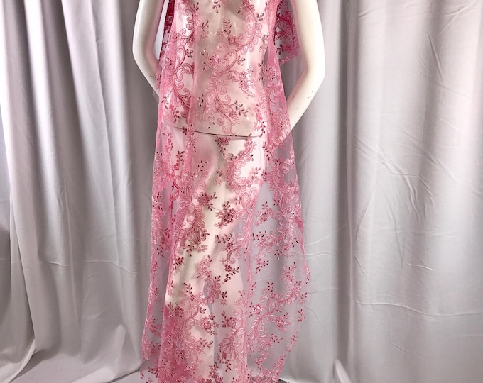 Pink corded french design-embroider with sequins on a mesh lace fabric-prom-nightgown-decorations-dresses-sold by the yard-