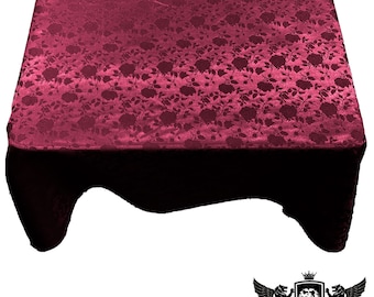 Burgundy Square Tablecloth Roses Jacquard Satin Overlay for Small Coffee Table Seamless.