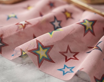 Star Print Power Mesh Fabric by the Yard Sheer Stretch Nylon Spandex Multicolor on Dusty Pink for Dress Costume 58