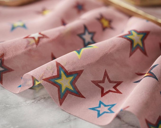 Star Print Power Mesh Fabric by the Yard Sheer Stretch Nylon Spandex Multicolor on Dusty Pink for Dress Costume 58
