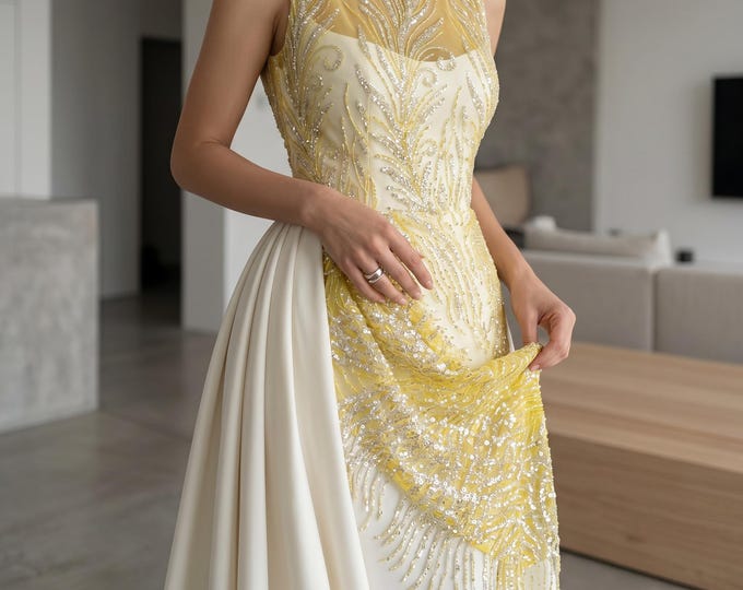 Yellow Beaded Lace Fabric by Yard, Feather Embroidered Mesh Lace for Bridal Dress Prom Gown Wedding Decor