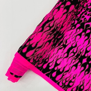 Neon Pink - Power Mesh with Black Flocking Flames and Red Glitter Fabric-60” Wide-Hot Rod.