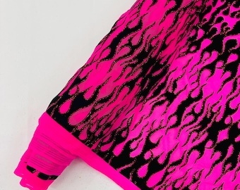 Neon Pink - Power Mesh with Black Flocking Flames and Red Glitter Fabric-60” Wide-Hot Rod.