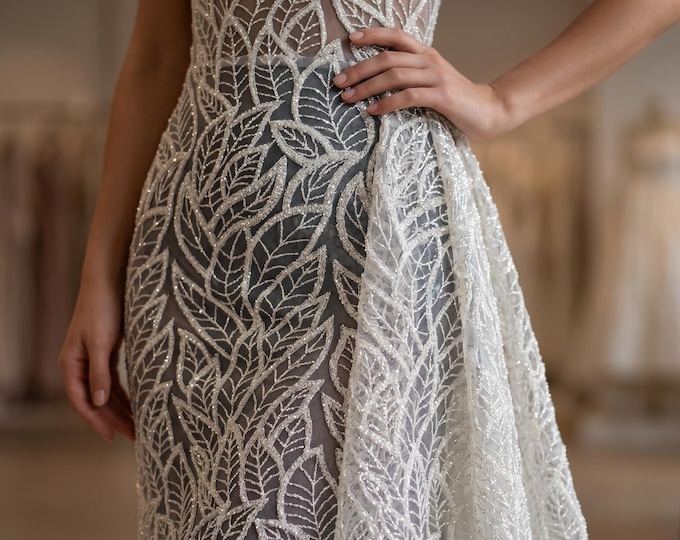 Off White Beaded Leaf Lace Fabric by Yard, Embroidered Mesh Lace for Bridal Dress Wedding Gown Prom Decor