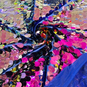 Fuchsia/Purple Iridescent Jumbo Sequins Oval Sequin Paillette/Tear Drop Mermaid Big Sequins Fabric On Purple Mesh/ 54 Inches Wide.