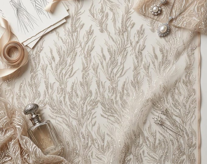 Nude Beaded Mesh Lace Fabric by the Yard, Fancy Embroidered Bridal Lace for Wedding Dress, Prom Gown, Couture Fabric