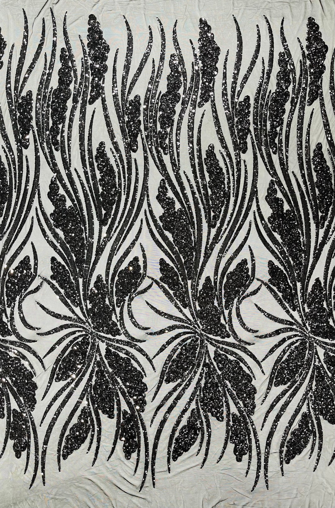 SHINY GLITTER SEQUIN DAMASK DESIGN EMBROIDERY ON A 4 WAY STRETCH MESH-BY 1 YARD (By the Yard GLITTER SEQUIN SILVER/GLITTER SEQUINS) main image 1