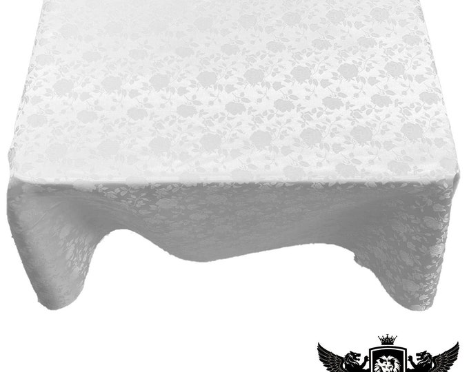 White Square Tablecloth Roses Jacquard Satin Overlay for Small Coffee Table Seamless.