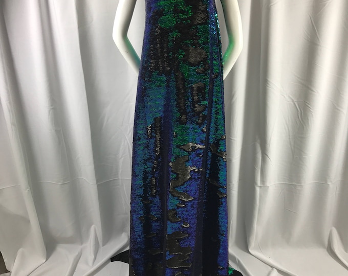 Green iridescent-matt black sequin mermaid fish scales- 2 way stretch lycra-2 tone flip flop sequins-prom-nightgown-decorations-sold by yard