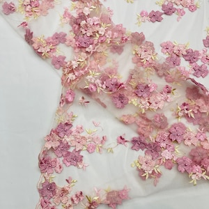 Dusty Rose 3D Floral Lace Fabric, Embroidered Mesh with Daisy Design