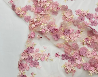 Dusty Rose 3D Floral Lace Fabric, Embroidered Mesh with Daisy Design