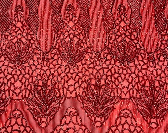 Red shiny floral damask sequin design on a 4 way stretch mesh-prom-sold by the yard.