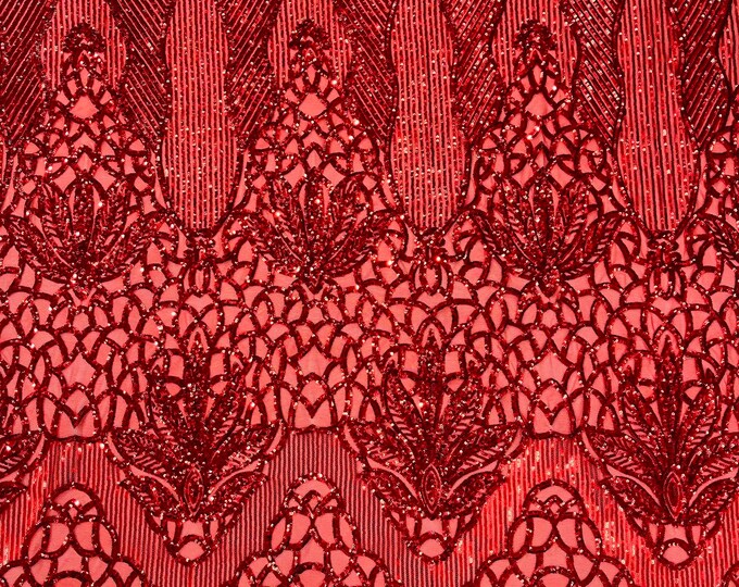 Red shiny floral damask sequin design on a 4 way stretch mesh-prom-sold by the yard.