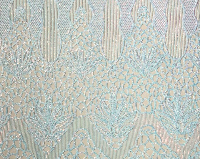 Aqua iridescent floral damask sequin design on a Nude 4 way stretch mesh-prom-sold by the yard.