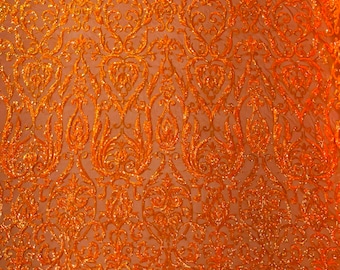 Orange Iridescent King Damask sequin design on a 4 way stretch mesh fabric-prom-sold by the yard.