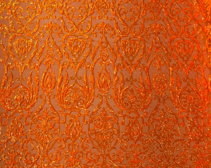 Orange Iridescent King Damask sequin design on a 4 way stretch mesh fabric-prom-sold by the yard.