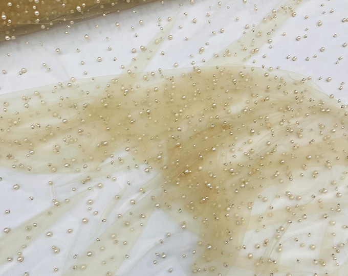 Champagne Heavy Scattered Pearls Studded Mesh, 2-Way Stretch, sold by the yard.
