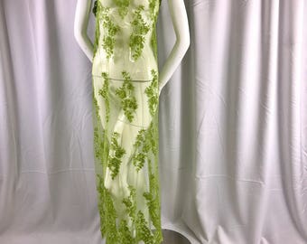 Elegant kiwi green hand beaded flower design embroider on a mesh lace-prom-nightgown-wedding-bridal-dresses-fashion-sold by the yard.