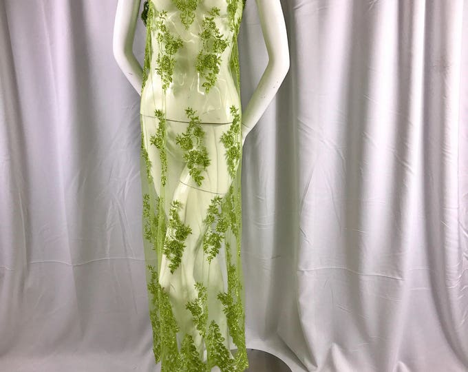 Elegant kiwi green hand beaded flower design embroider on a mesh lace-prom-nightgown-wedding-bridal-dresses-fashion-sold by the yard.