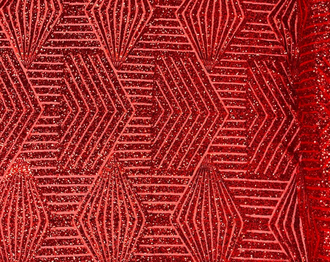 Red geometric sequins design embroider on a red 4 way stretch mesh fabric-Sold by the yard.