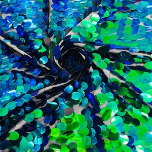 Green/Black Iridescent Jumbo Sequins Oval Sequin Paillette/Tear Drop Mermaid Big Sequins Fabric On Black Mesh/ 54 Inches Wide.