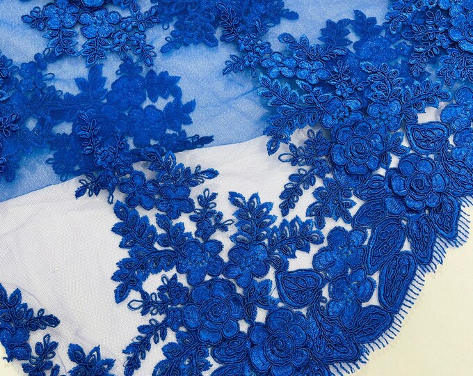 Royal Blue corded lace 3d floral embroider sold by the yard.