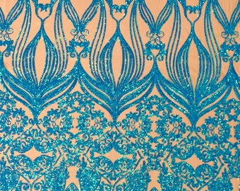Turquoise Hologram sequin damask design on a Nude 4 way stretch mesh-sold by the yard.
