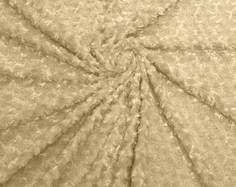 Champagne 58" Wide Minky Swirl Rose Blossom Ball Rosebud Plush Fur Fabric Polyester