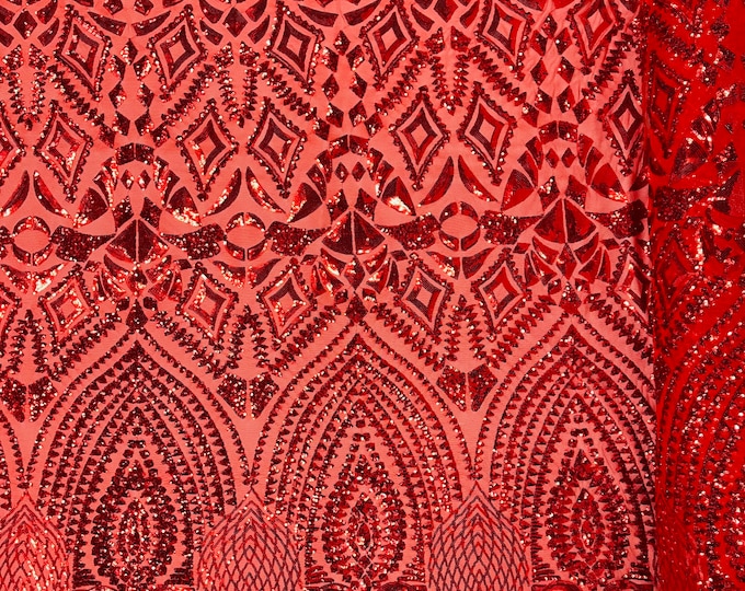 Red shiny diamond design with sequins on a 4 way stretch mesh-prom-nightgown-sold by the yard-free shipping in the USA.